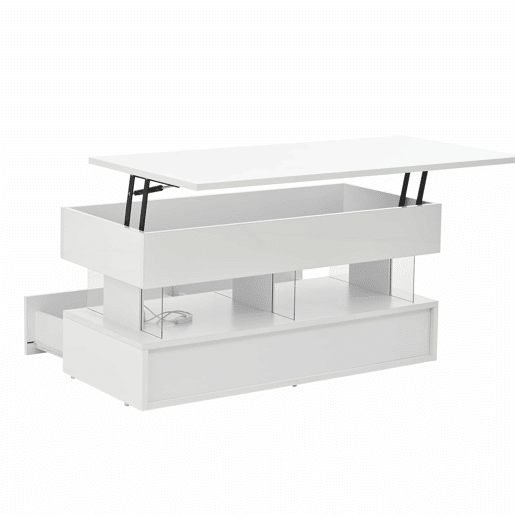 Mesa de centro elevável 100x50x46 cm - Sofá com mesa ajustável, arrumação oculta, LED, 2 gavetas - Branco Mesa de centro elevável 100x50x46 cm - Sofá com mesa ajustável, arrumação oculta, LED, 2 gavetas - Branco