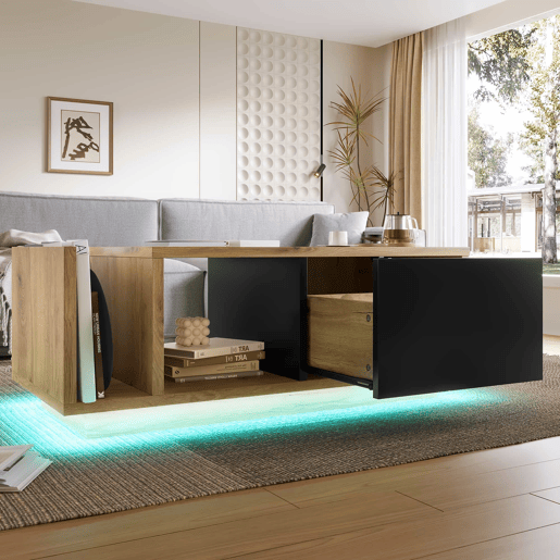 Mesa de centro com LED - Design moderno, arrumação oculta - Natural Mesa de centro com LED - Design moderno, arrumação oculta - Natural