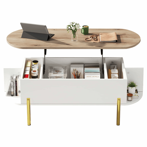 Mesa de centro 120x50x43 cm - Mesa elevável com 7 prateleiras - Cor madeira e branco Mesa de centro 120x50x43 cm - Mesa elevável com 7 prateleiras - Cor madeira e branco