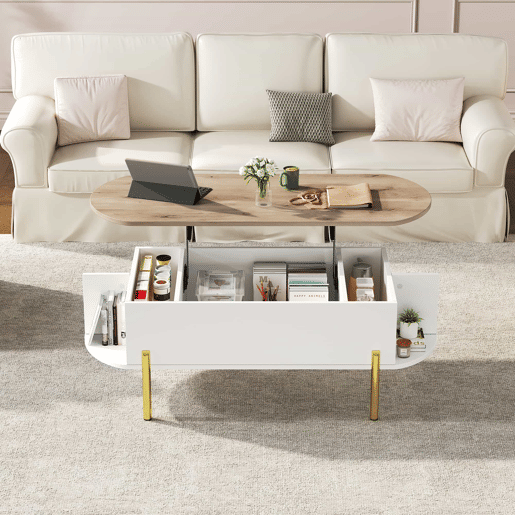 Mesa de centro 120x50x43 cm - Mesa elevável com 7 prateleiras - Cor madeira e branco Mesa de centro 120x50x43 cm - Mesa elevável com 7 prateleiras - Cor madeira e branco