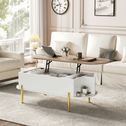 Mesa de centro 120x50x43 cm - Mesa elevável com 7 prateleiras - Cor madeira e branco Mesa de centro 120x50x43 cm - Mesa elevável com 7 prateleiras - Cor madeira e branco
