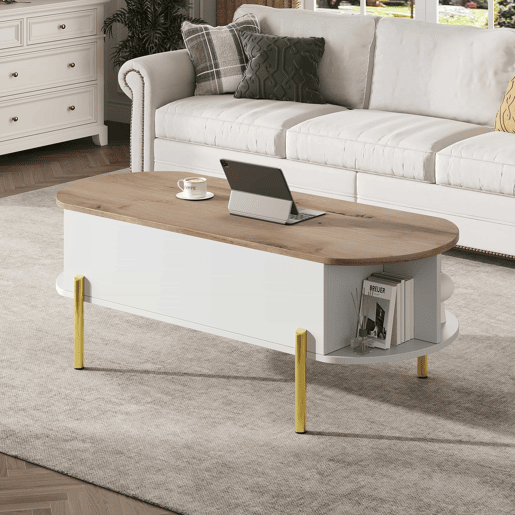 Mesa de centro 120x50x43 cm - Mesa elevável com 7 prateleiras - Cor madeira e branco Mesa de centro 120x50x43 cm - Mesa elevável com 7 prateleiras - Cor madeira e branco