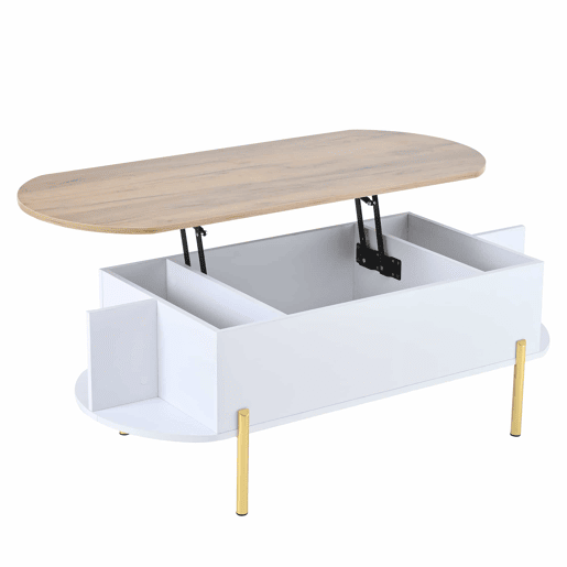 Mesa de centro 120x50x43 cm - Mesa elevável com 7 prateleiras - Cor madeira e branco Mesa de centro 120x50x43 cm - Mesa elevável com 7 prateleiras - Cor madeira e branco