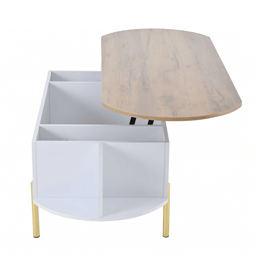 Mesa de centro 120x50x43 cm - Mesa elevável com 7 prateleiras - Cor madeira e branco Mesa de centro 120x50x43 cm - Mesa elevável com 7 prateleiras - Cor madeira e branco