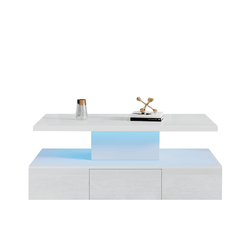 Mesa de centro com 2 níveis - Com luz LED de 16 cores - Sofá com prateleira aberta e 1 gaveta deslizante - Branco