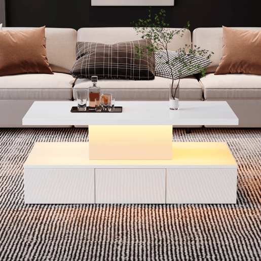 Mesa de centro com 2 níveis - Com luz LED de 16 cores - Sofá com prateleira aberta e 1 gaveta deslizante - Branco