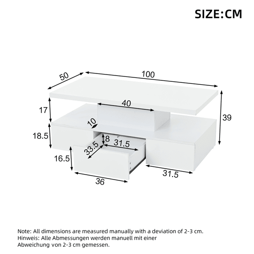Mesa de centro com 2 níveis - Com luz LED de 16 cores - Sofá com prateleira aberta e 1 gaveta deslizante - Branco