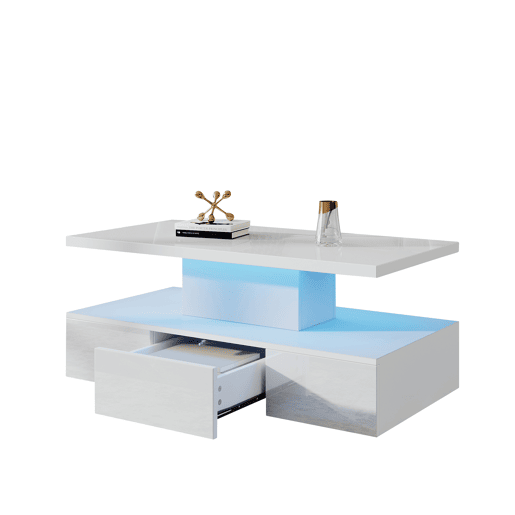 Mesa de centro com 2 níveis - Com luz LED de 16 cores - Sofá com prateleira aberta e 1 gaveta deslizante - Branco