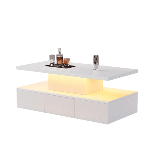 Mesa de centro com 2 níveis - Com luz LED de 16 cores - Sofá com prateleira aberta e 1 gaveta deslizante - Branco