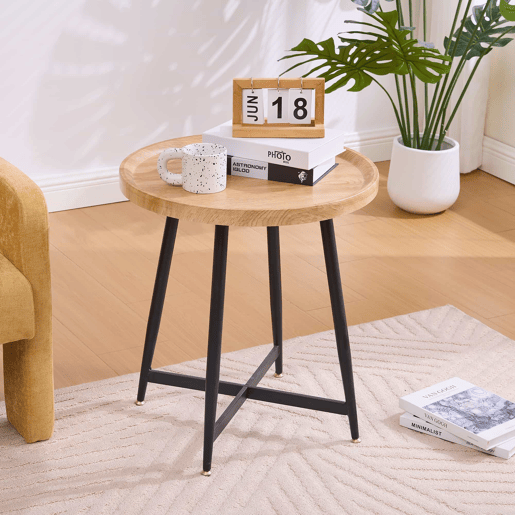 Mesa auxiliar redonda pequena - estilo nórdico, madeira natural e estrutura metálica - Natural Wood