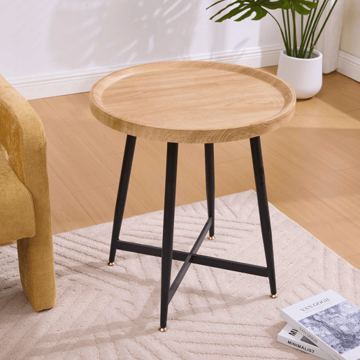 Mesa auxiliar redonda pequena - estilo nórdico, madeira natural e estrutura metálica - Natural Wood