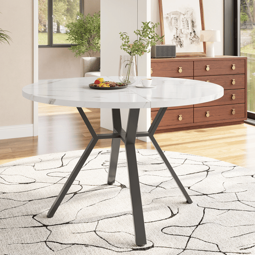 Mesa de jantar redonda 1 m - Mesa de mármore moderna e simples com suporte metálico em forma de X - Preta+Branca