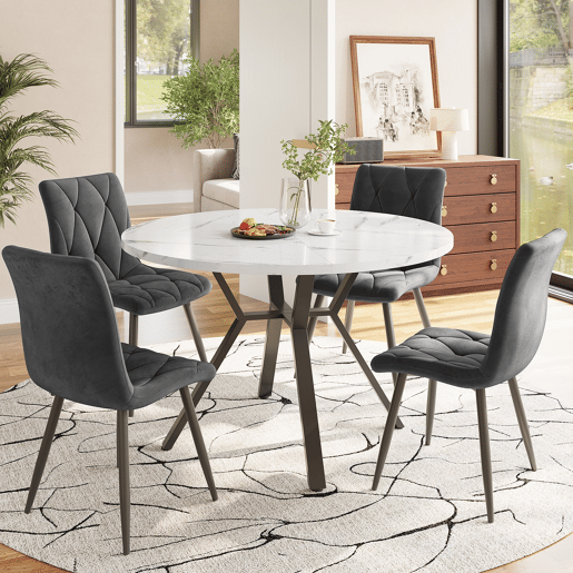 Mesa de jantar redonda 1 m - Mesa de mármore moderna e simples com suporte metálico em forma de X - Preta+Branca