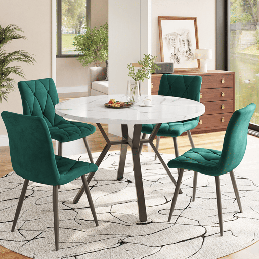 Mesa de jantar redonda 1 m - Mesa de mármore moderna e simples com suporte metálico em forma de X - Preta+Branca