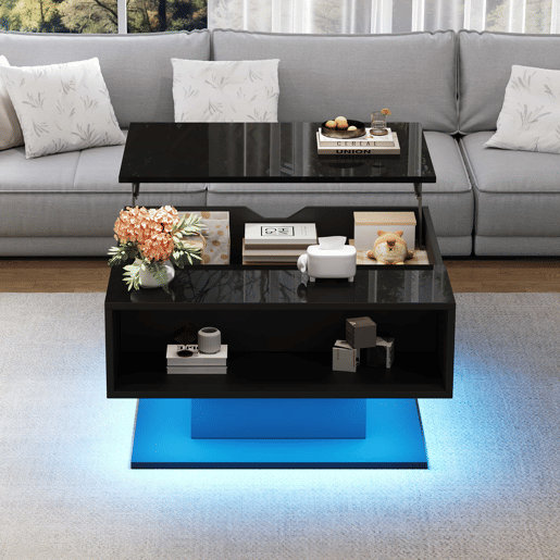 Mesa de centro 80x77x40 cm - Mesa de sala com elevação hidráulica, arrumação, design geométrico - Preto