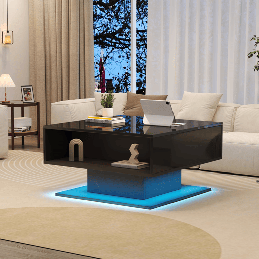 Mesa de centro 80x77x40 cm - Mesa de sala com elevação hidráulica, arrumação, design geométrico - Preto