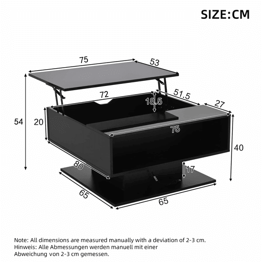Mesa de centro 80x77x40 cm - Mesa de sala com elevação hidráulica, arrumação, design geométrico - Preto