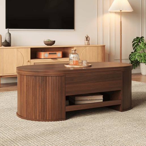 Mesa de centro elevável 110 cm - Com prateleira extensĂvel, madeira curvada, multifuncional - Natural Mesa de centro elevável 110 cm - Com prateleira extensĂvel, madeira curvada, multifuncional - Natural