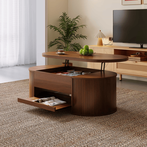 Mesa de centro elevável 110 cm - Com prateleira extensĂvel, madeira curvada, multifuncional - Natural Mesa de centro elevável 110 cm - Com prateleira extensĂvel, madeira curvada, multifuncional - Natural