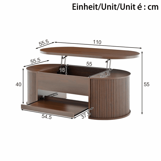 Mesa de centro elevável 110 cm - Com prateleira extensĂvel, madeira curvada, multifuncional - Natural Mesa de centro elevável 110 cm - Com prateleira extensĂvel, madeira curvada, multifuncional - Natural