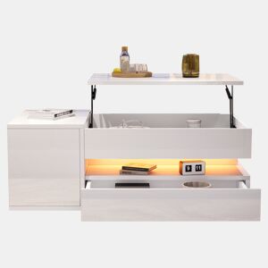 Mesa de centro elevável 95x50x40 cm - com LED, 1 gaveta, 1 armário, arrumação oculta - Branco