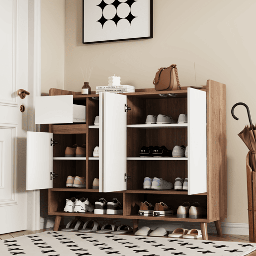 Sapateira de painel de partículas com 4 portas,natural+branco