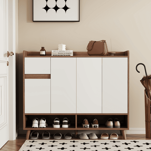 Sapateira de painel de partículas com 4 portas,natural+branco