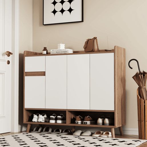 Sapateira de painel de partículas com 4 portas,natural+branco