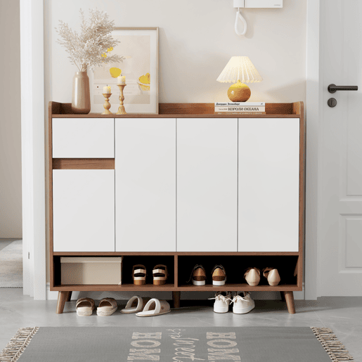 Sapateira de painel de partículas com 4 portas,natural+branco