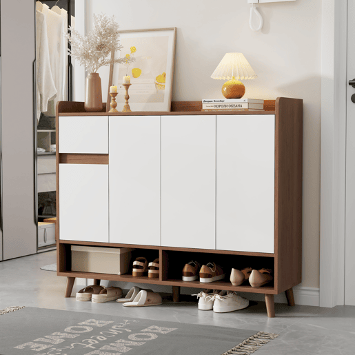 Sapateira de painel de partículas com 4 portas,natural+branco