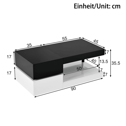 Mesa de centro 90x45x35,5 cm - Iluminação LED, controlo por aplicação e Bluetooth, superfície brilhante - Preto-Branco