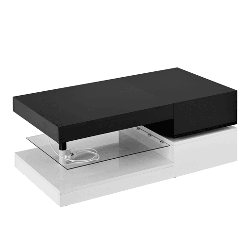 Mesa de centro 90x45x35,5 cm - Iluminação LED, controlo por aplicação e Bluetooth, superfície brilhante - Preto-Branco