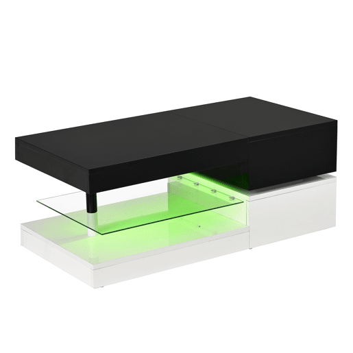 Mesa de centro 90x45x35,5 cm - Iluminação LED, controlo por aplicação e Bluetooth, superfície brilhante - Preto-Branco