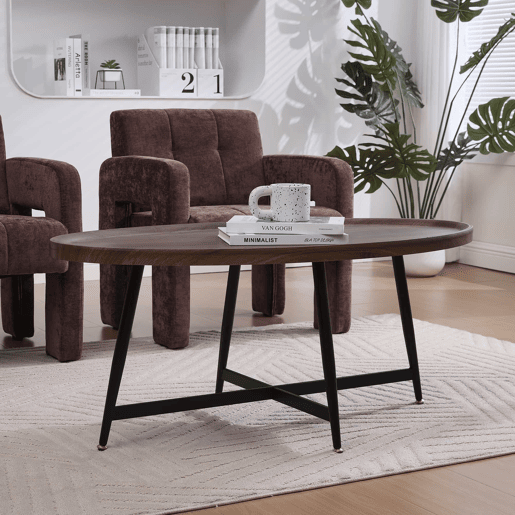 Mesa de centro ovalada - estilo nórdico com estrutura metálica - castanha