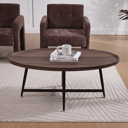 Mesa de centro ovalada - estilo nórdico com estrutura metálica - castanha