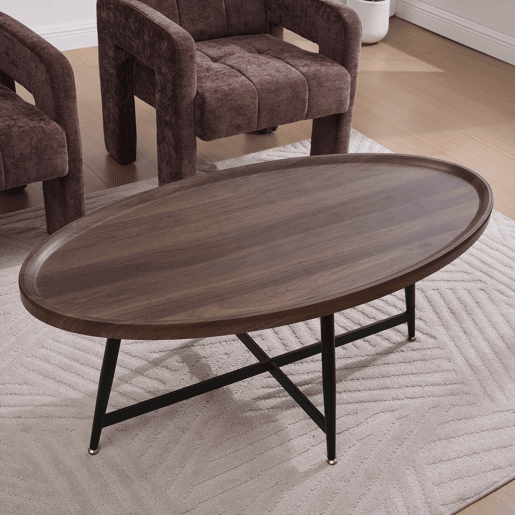 Mesa de centro ovalada - estilo nórdico com estrutura metálica - castanha