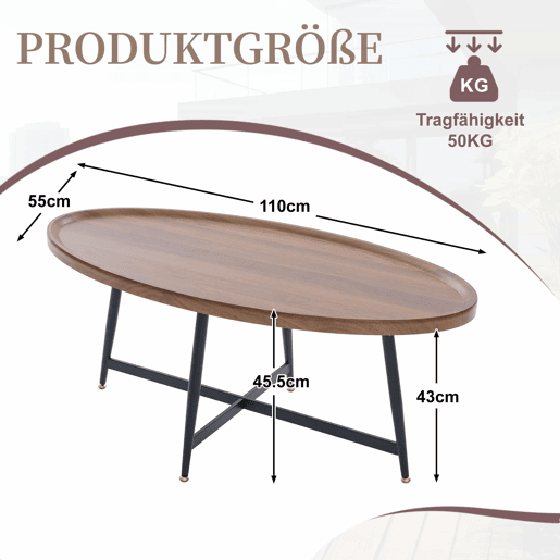 Mesa de centro ovalada - estilo nórdico com estrutura metálica - castanha