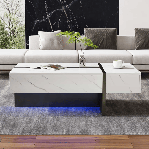 Mesa de centro 105x60x35 cm - design irregular, LED, mármore, alto brilho - Branco Mesa de centro 105x60x35 cm - design irregular, LED, mármore, alto brilho - Branco