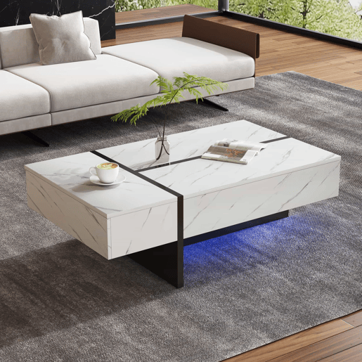 Mesa de centro 105x60x35 cm - design irregular, LED, mármore, alto brilho - Branco Mesa de centro 105x60x35 cm - design irregular, LED, mármore, alto brilho - Branco
