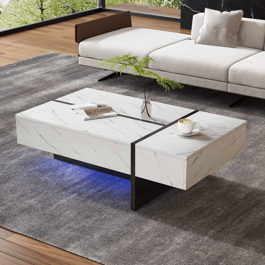 Mesa de centro 105x60x35 cm - design irregular, LED, mármore, alto brilho - Branco Mesa de centro 105x60x35 cm - design irregular, LED, mármore, alto brilho - Branco