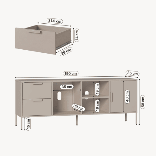 Armário para TV Kliri 2 gavetas aço 150x35x58 Camelo en.casa