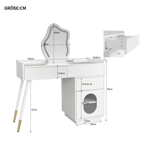 Toucador de painel de partículas com espelho e 3 gavetas,branco