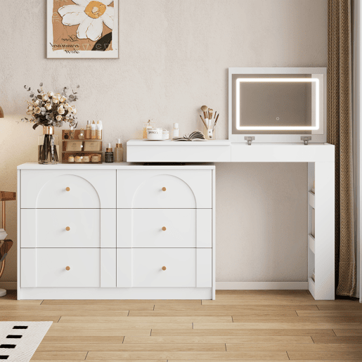 Toucador de painel de partículas com espelho e 7 gavetas,branco