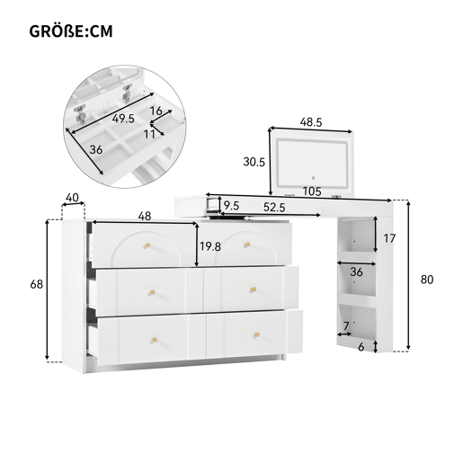 Toucador de painel de partículas com espelho e 7 gavetas,branco