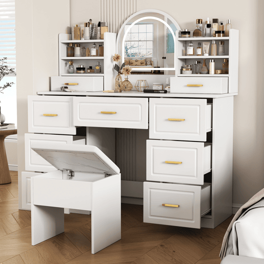 Toucador de painel de partículas com espelho e 9 gavetas,branco