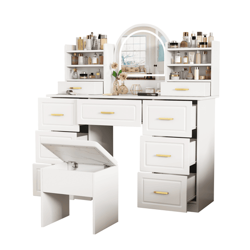 Toucador de painel de partículas com espelho e 9 gavetas,branco