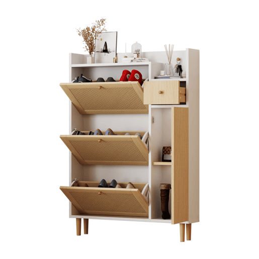 Sapateira de mdf com 1 porta e 3 tabuleiros,natural+branco