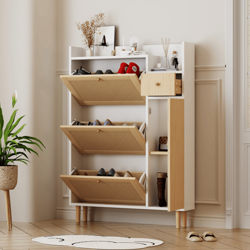Sapateira de mdf com 1 porta e 3 tabuleiros,natural+branco