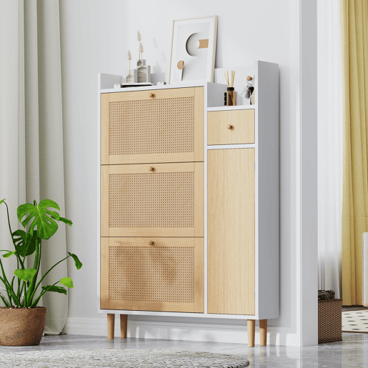 Sapateira de mdf com 1 porta e 3 tabuleiros,natural+branco