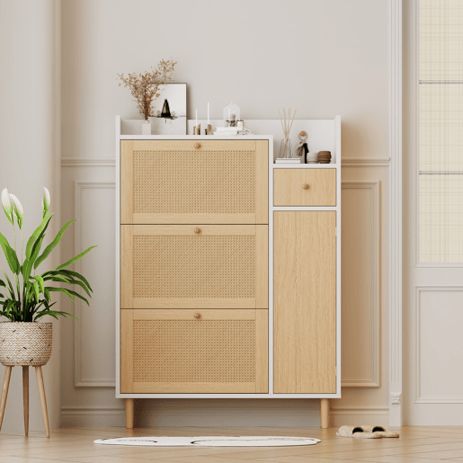 Sapateira de mdf com 1 porta e 3 tabuleiros,natural+branco